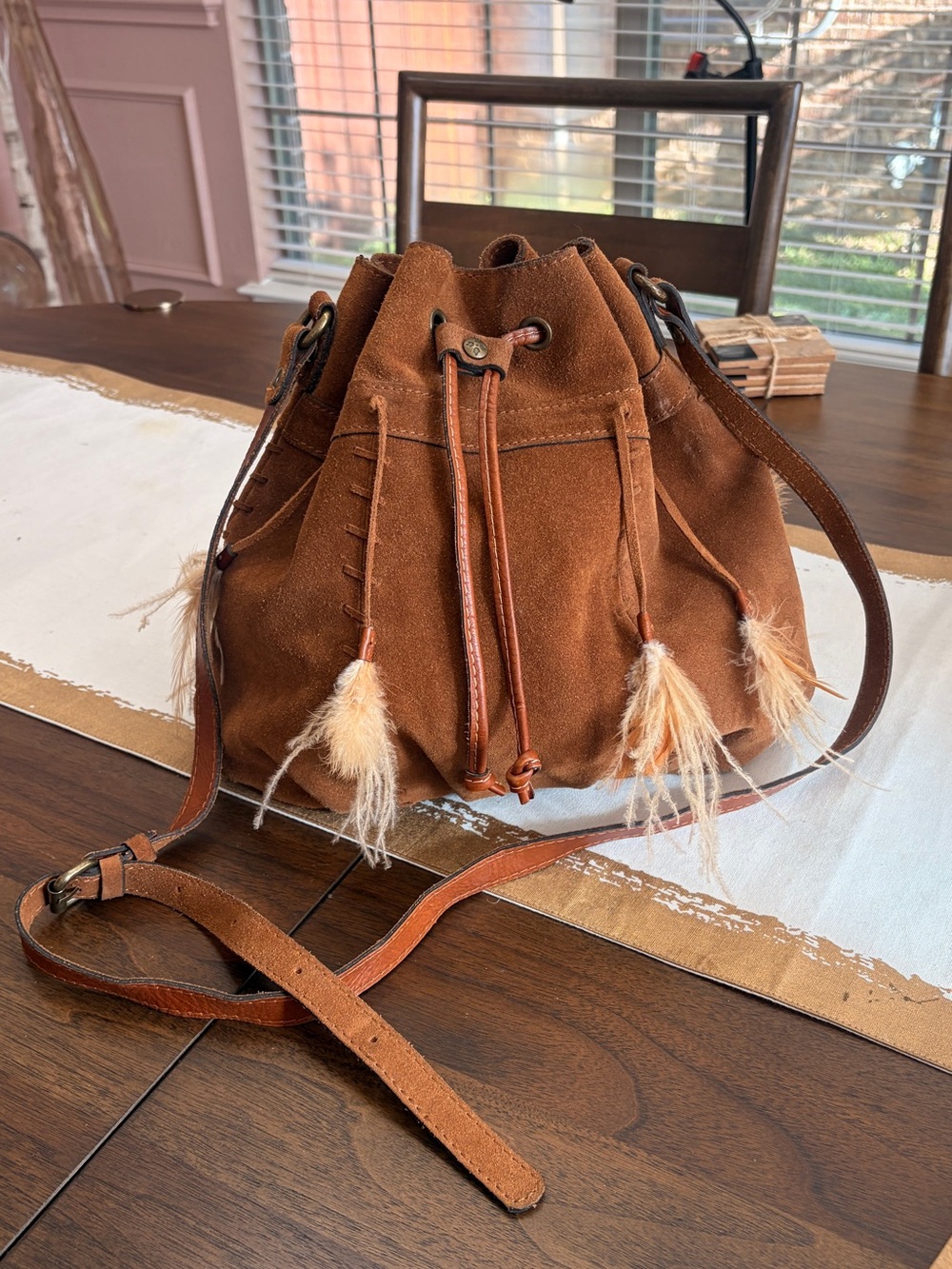 Patricia Nash Suede Drawstring Bucket Bag Cognac Brown Boho Crossbody